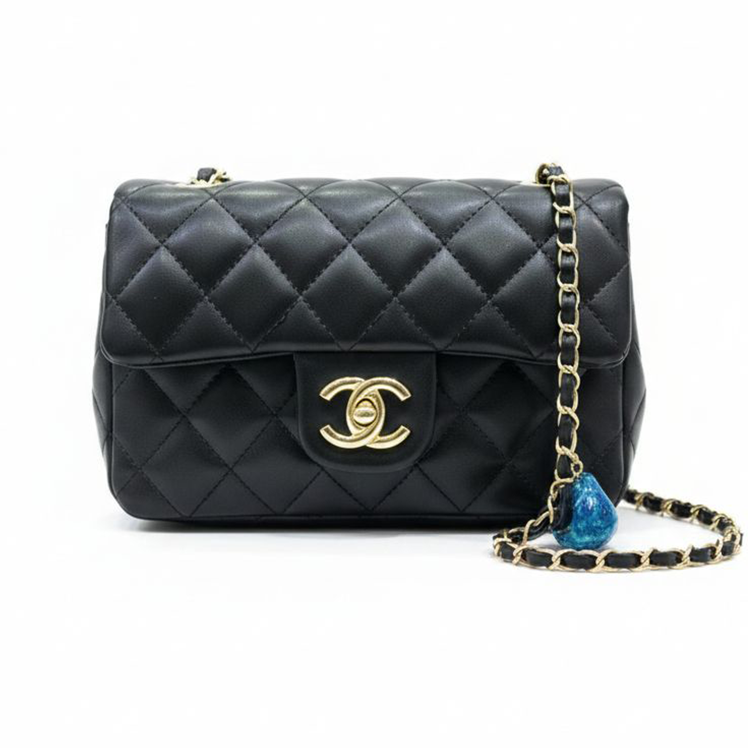 CHANEL Black Quilted Lambskin Pearl Logo Strap Flap Bag - Image 3