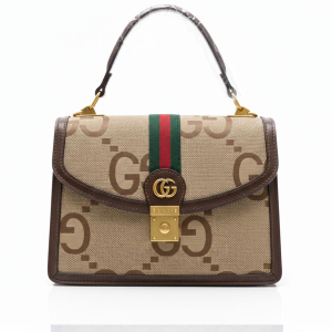 Gucci Brown Small Jumbo GG Canvas Web Ophidia Top Handle Flap Beige