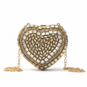 GOLD KUNDAN MINI HEART CLUTCH – Elegant Bridal & Party Evening Bag